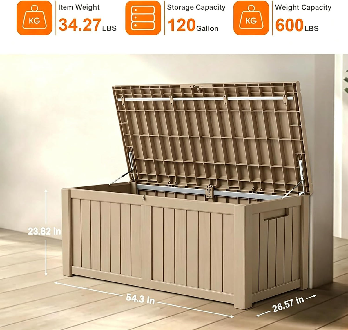 drato 120 gallon large deck box, outdoor storage shown in use