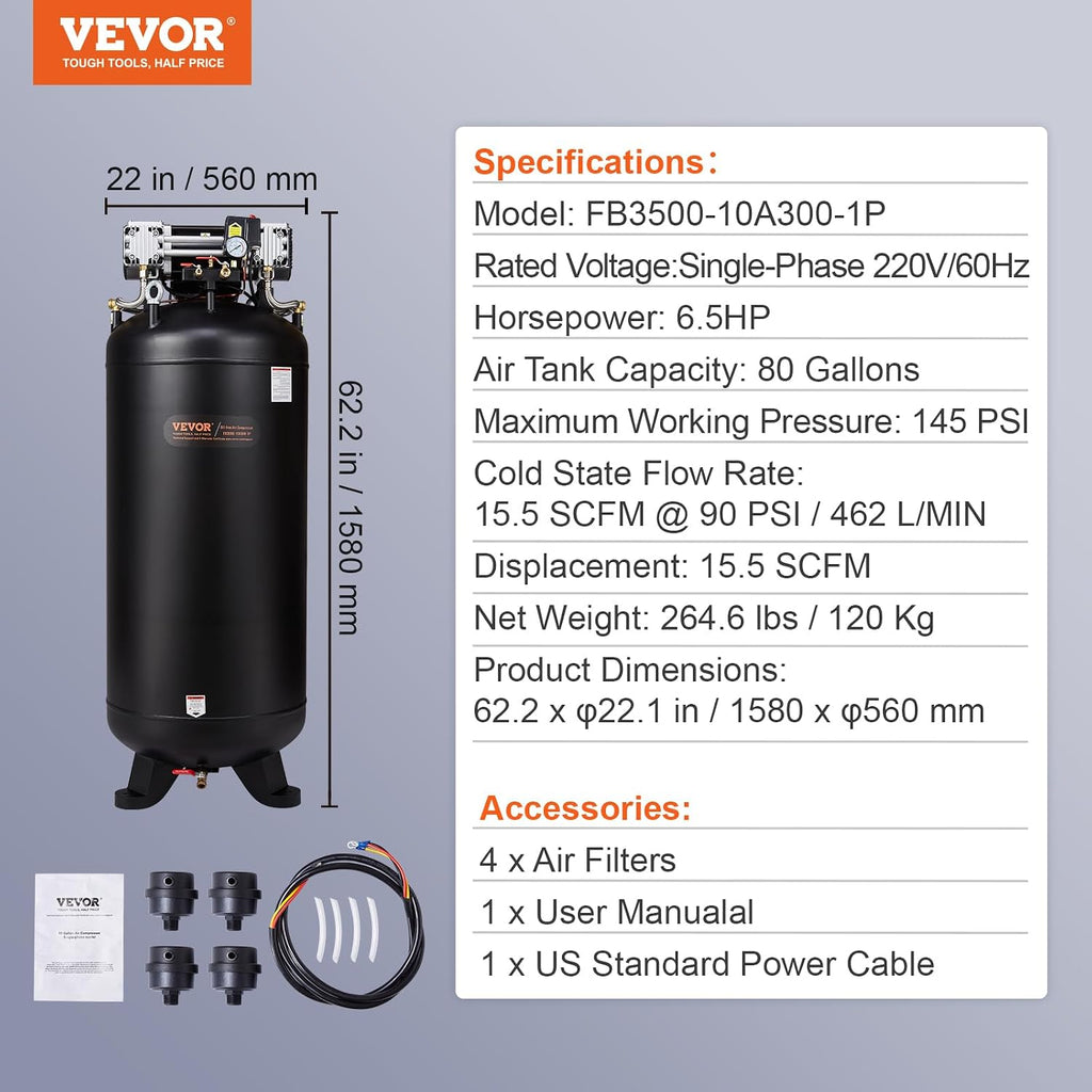 VEVOR 80 Gallon Air Compressor, 145PSI Oil Free Stationary Compressor Tank, 6.5HP 15.5SCFM@90 PSI, Quiet Compressor for Industrial Manufacturing, Workshops (220V/60Hz Single-Phase Power)