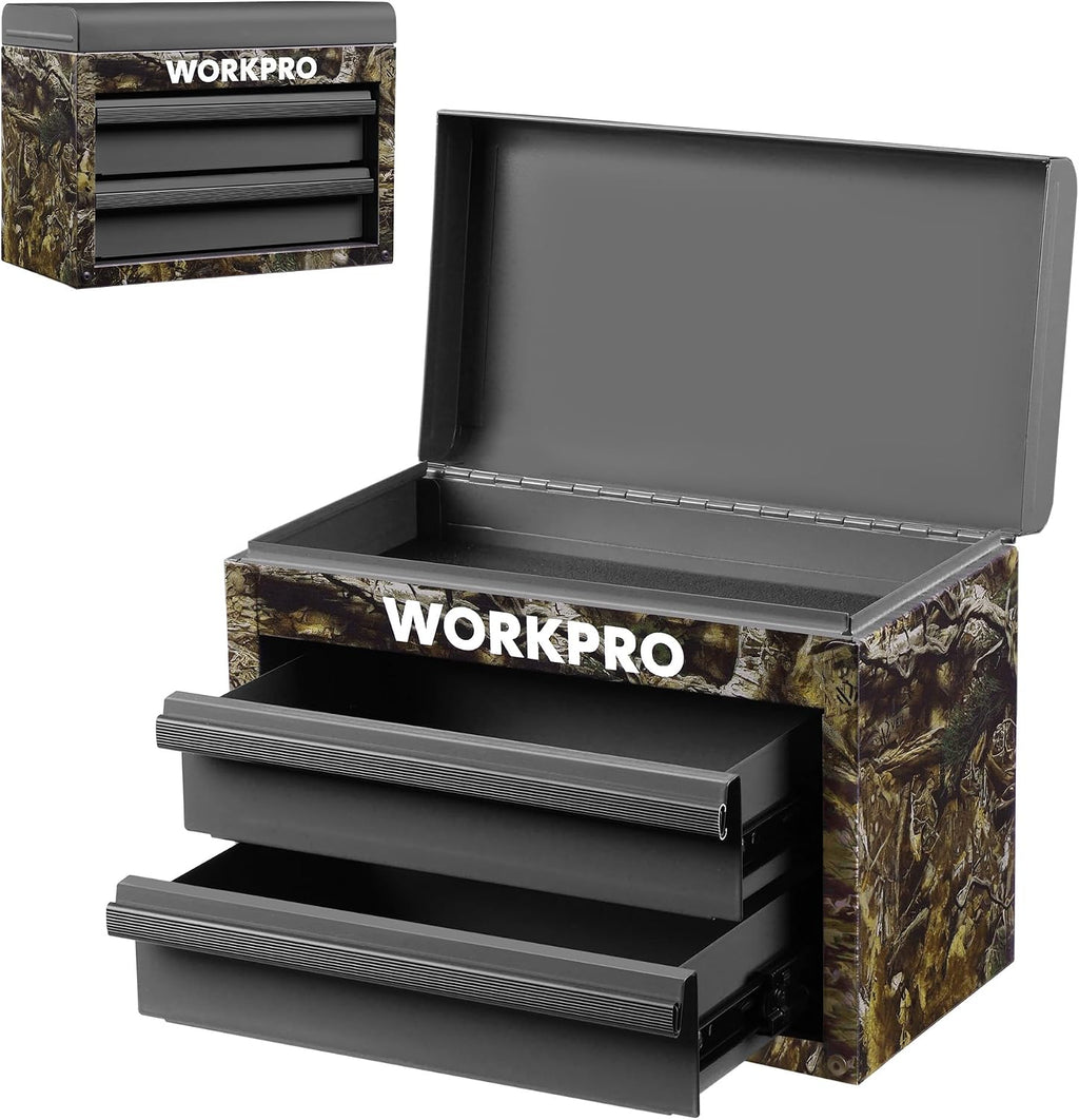 WORKPRO Metal Mini Tool Box with 2 Drawers and Top Storage