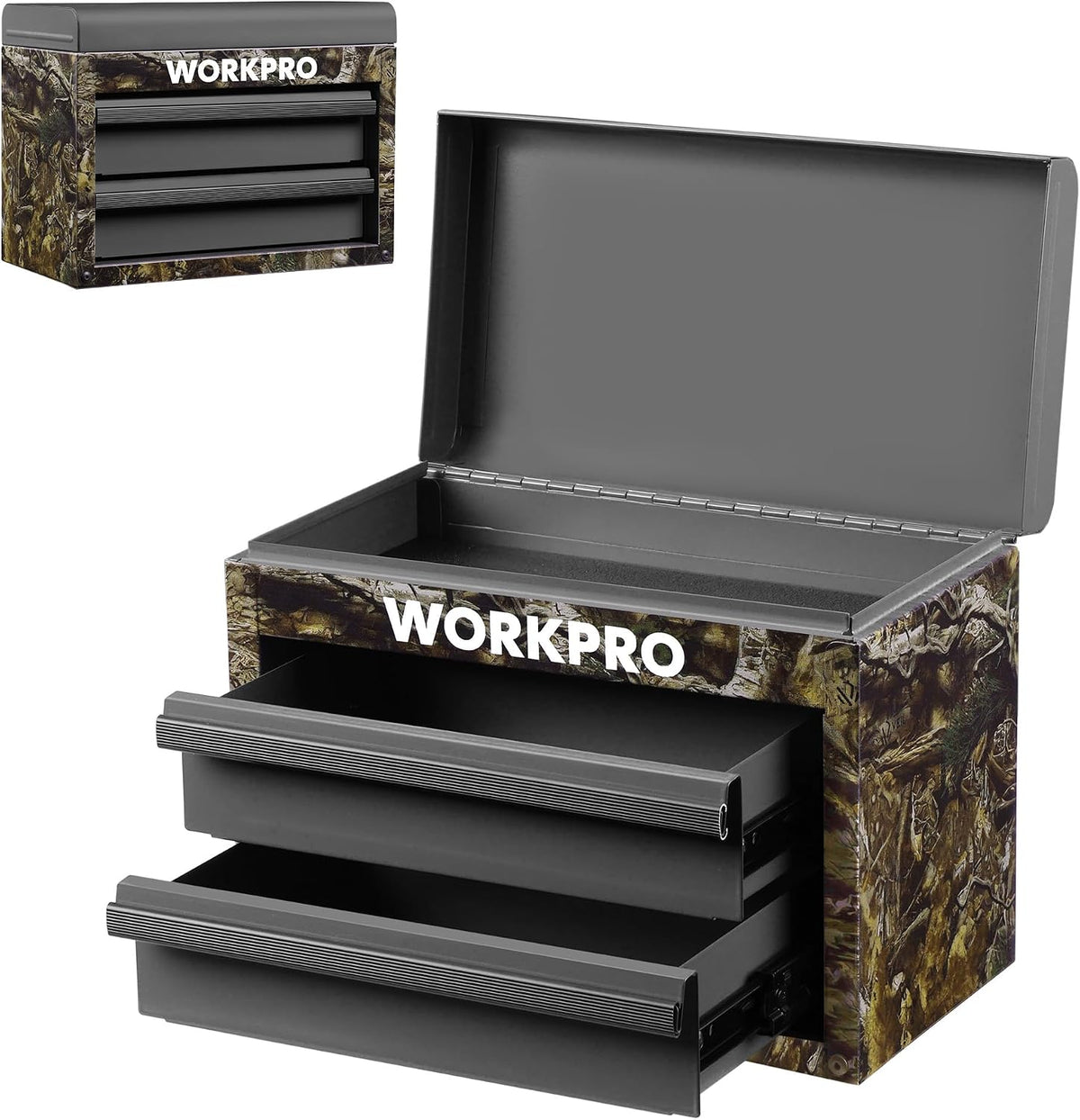 WORKPRO Metal Mini Tool Box with 2 Drawers and Top Storage