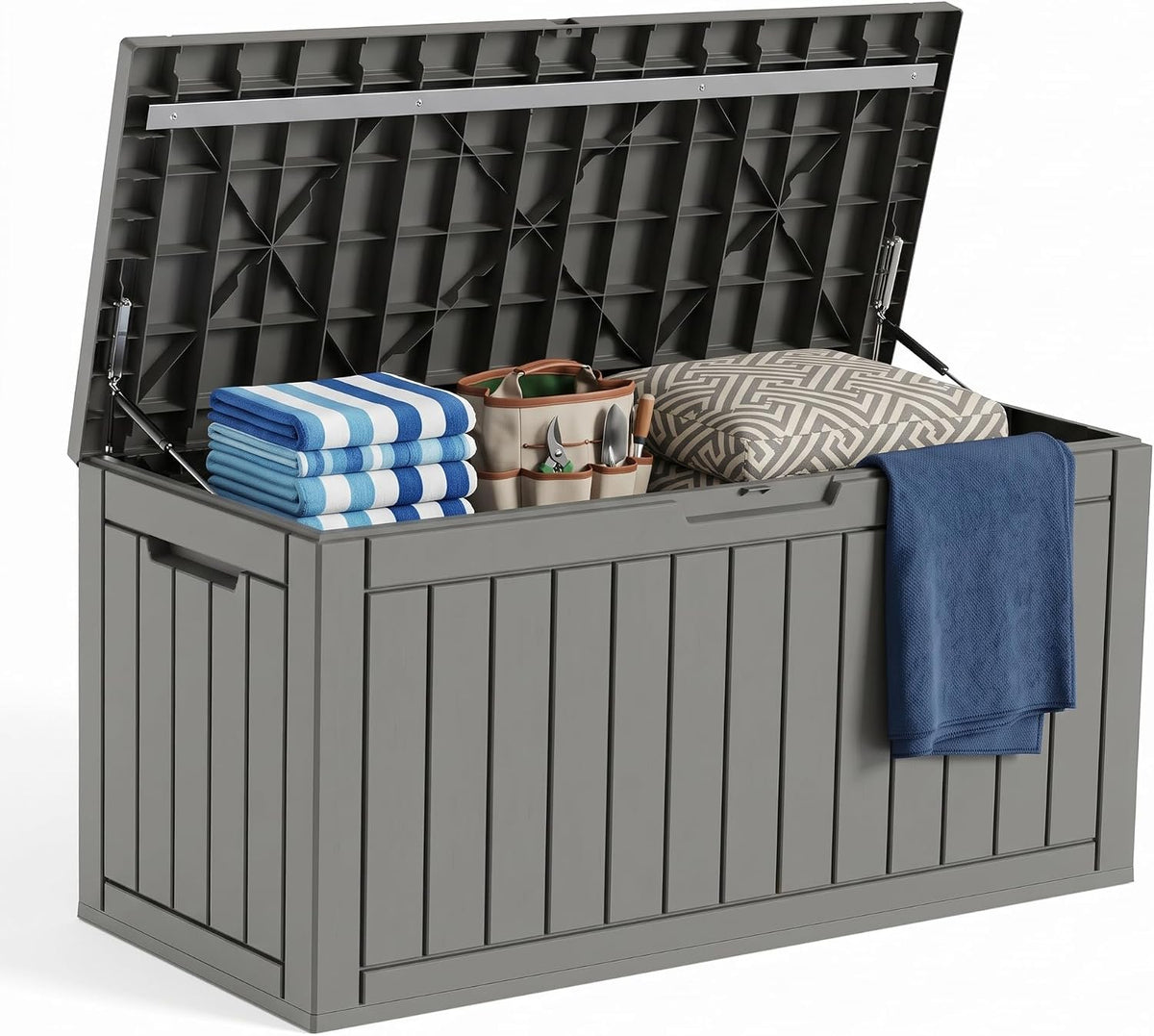 patiozen 150gal resin storage box, lockable waterproof deck shown in use