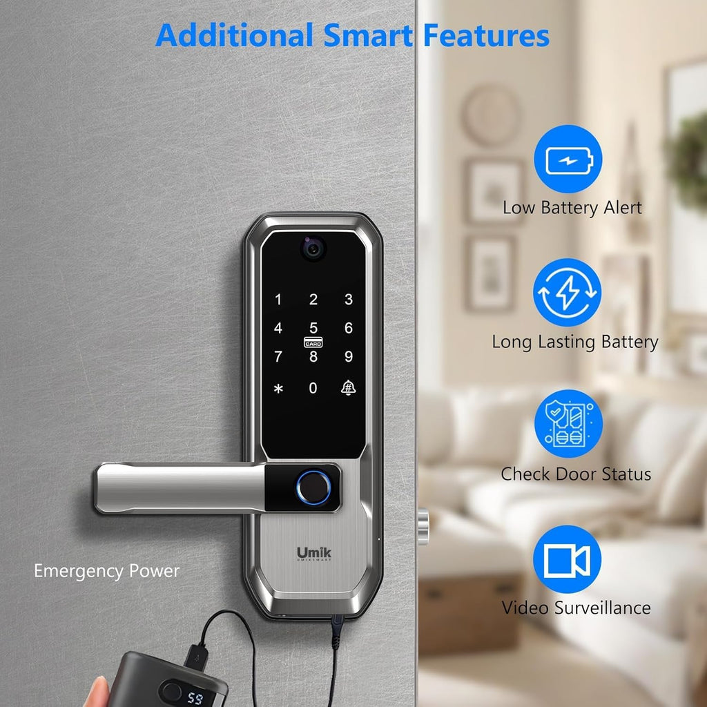 umiksmart wifi smart door lock with camera, fingerprint on a desk or shelf