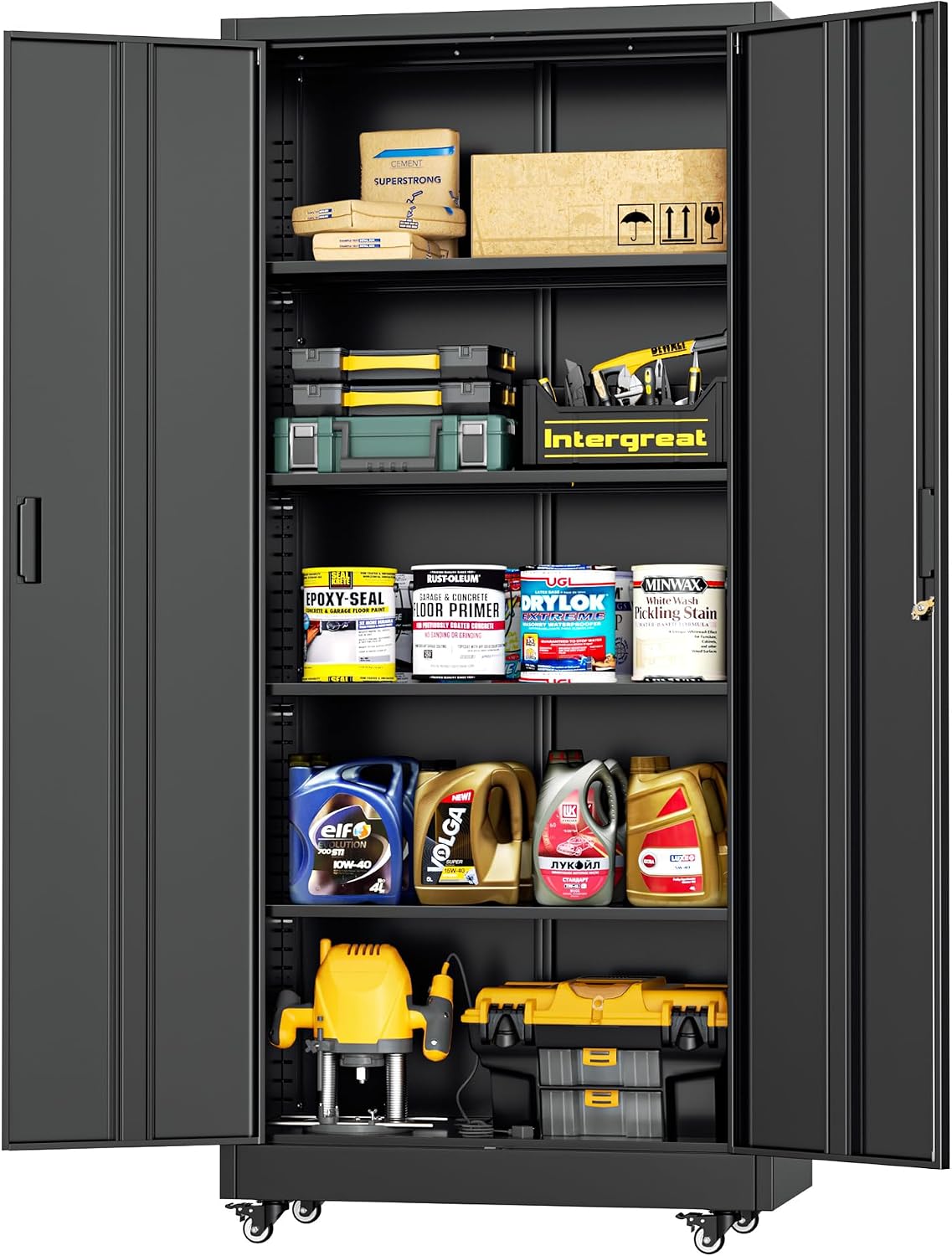 Bonusall Garage Cabinets with Wheels, 73" H Metal Locking Cabinet with 2 Doors and 4 Shelves, Storage Cabinet on Wheels for Home Office,Warehous, School(Black