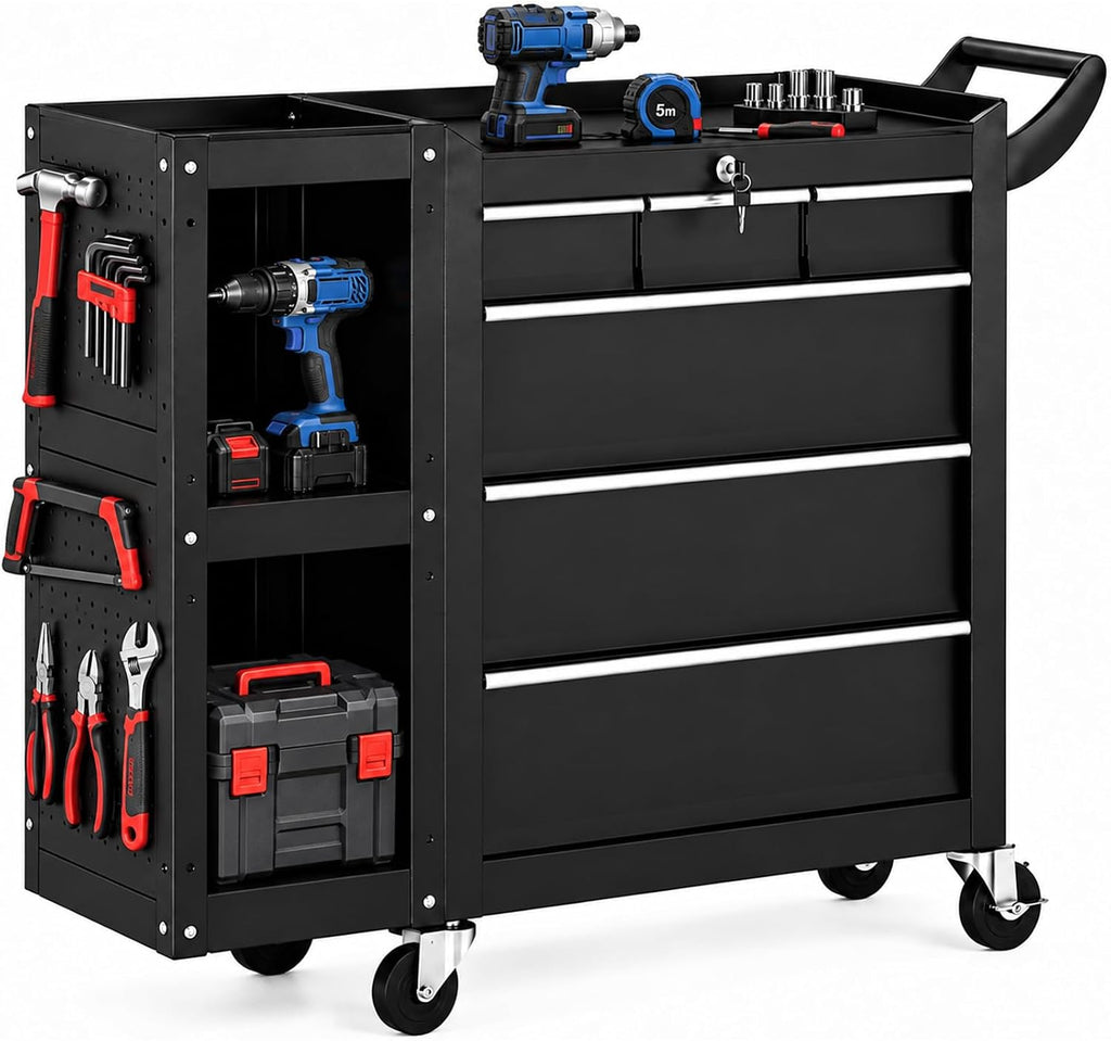 Tool Chest 6-Drawer, Heavy Duty Rolling Tool Chest with Stainless Steel Countertop/Side Drawer, Tool Cabinet with Lockable Drawers & 360° Wheels for Garage Storage, Workshop, Black