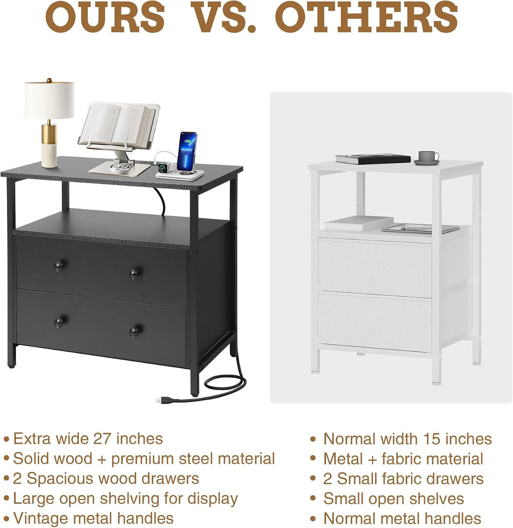 Edbuosy 27" Wide Nightstand with Charging Station & 2 Drawer, Black