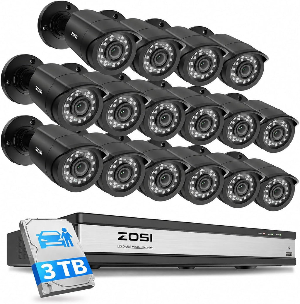 ZOSI 16CH 3K Lite Security Camera System, 16X Wired Bullet Cameras, 3TB HDD
