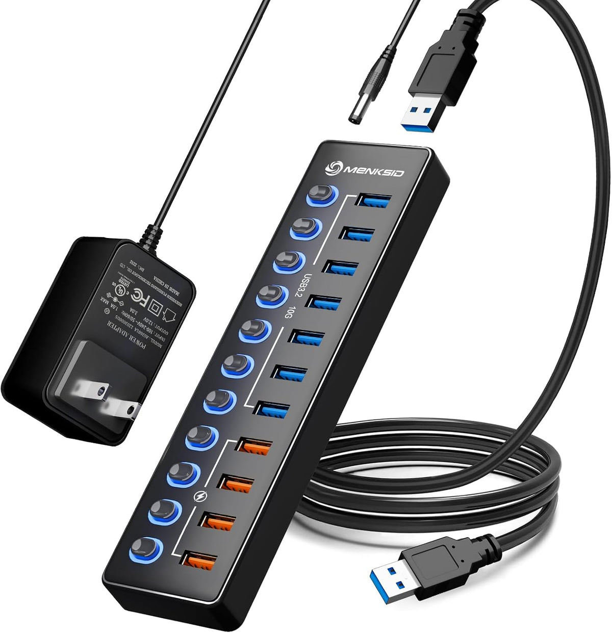Powered USB Hub, MENKSID 11-Port USB Hub, 7 USB 3.2 Data Transfer Ports + 4