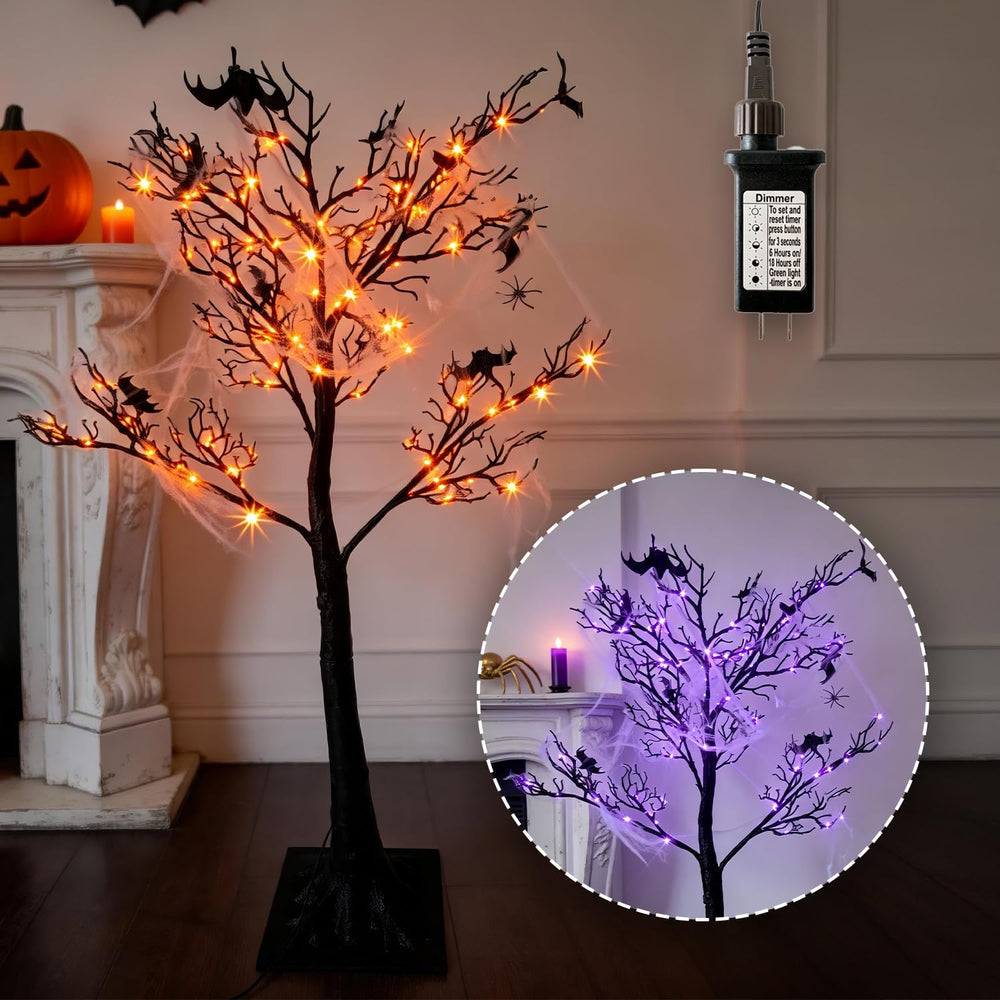 HipTree Lighted Black Halloween Tree 4ft with 150LED Orange Purple Lights