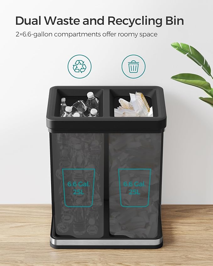 SONGMICS 2 x 6.6 Gallon Open Top Trash Can, Dual Compartment Garbage Can