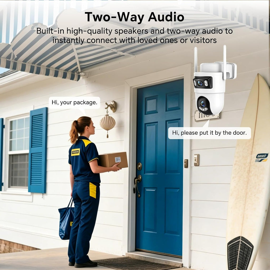 Dual Lens Security Camera Outdoor, 2.4GHz WiFi Cameras for Home Security, 360° View Pan/Tilt with Color Night Vision, 2K Full HD Video, 2-Way Audio, Works with Alexa, Motion Detection, Auto Tracking