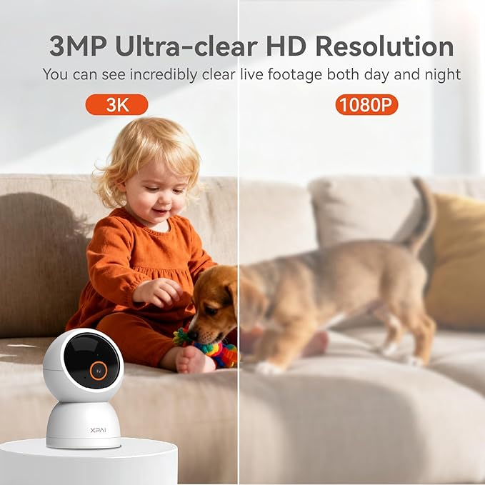 xpai Indoor Camera Wireless, 3K Indoor Camera No Subscription, 360° Motion