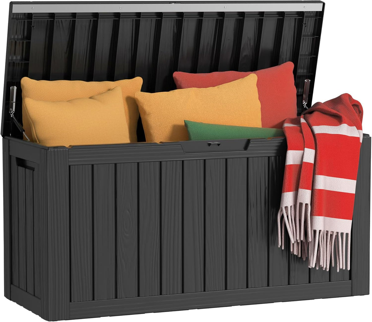 80 gallon outdoor deck box, lockable waterproof outdoor shown in use