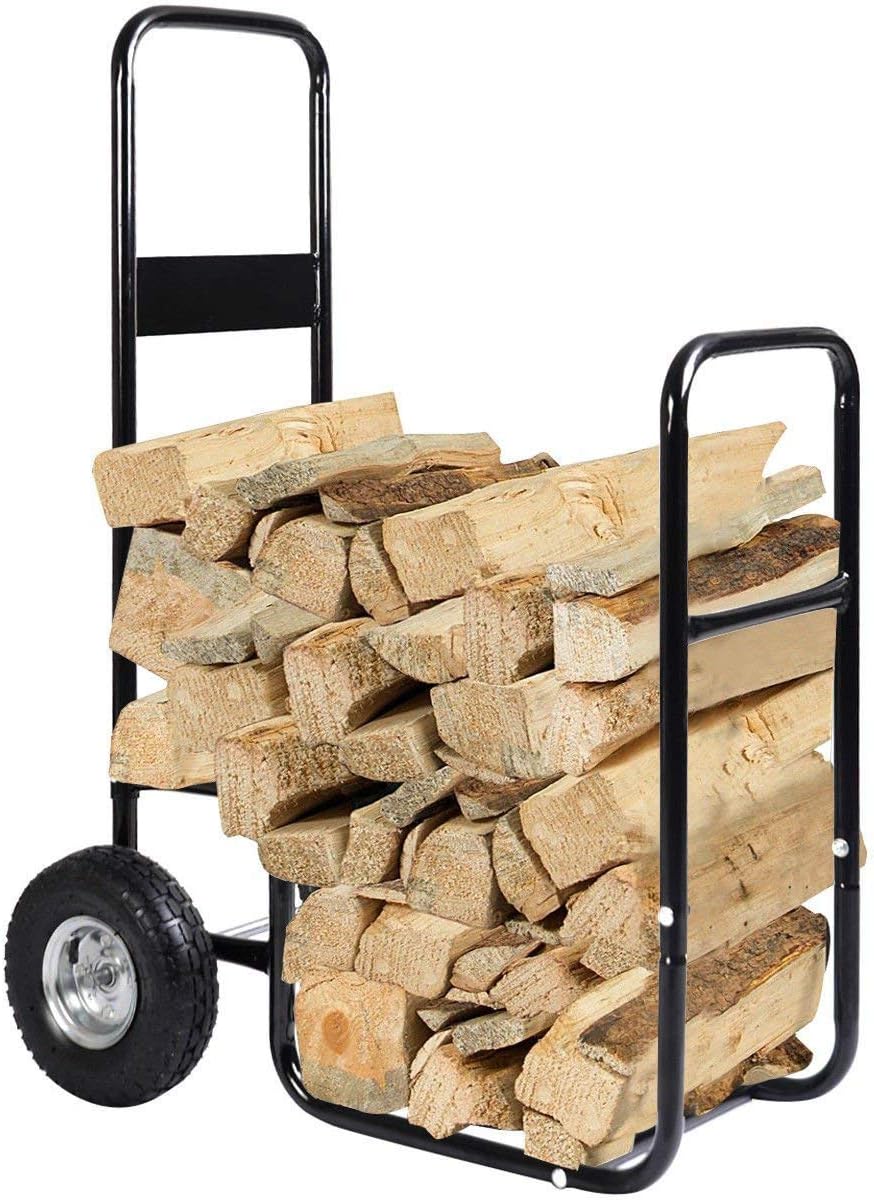 Goplus Firewood Log Rack Indoor Outdoor Fireplace Storage Holder Logs Heavy Duty Steel Wood Stacking Holder Kindling Wood Stove Accessories Tools Accessories (w/ 2 Wheels)