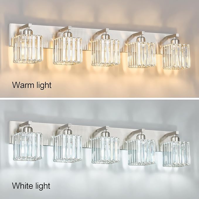 FDPBY Modern Vanity Light 5-Lights Brushed Nickel Vanity Light Crystal Bathroom