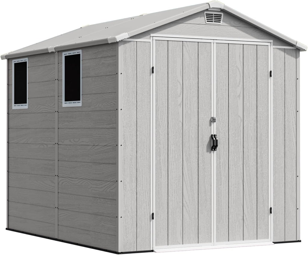 devoko 6x8 ft resin outdoor storage shed with on a desk or shelf