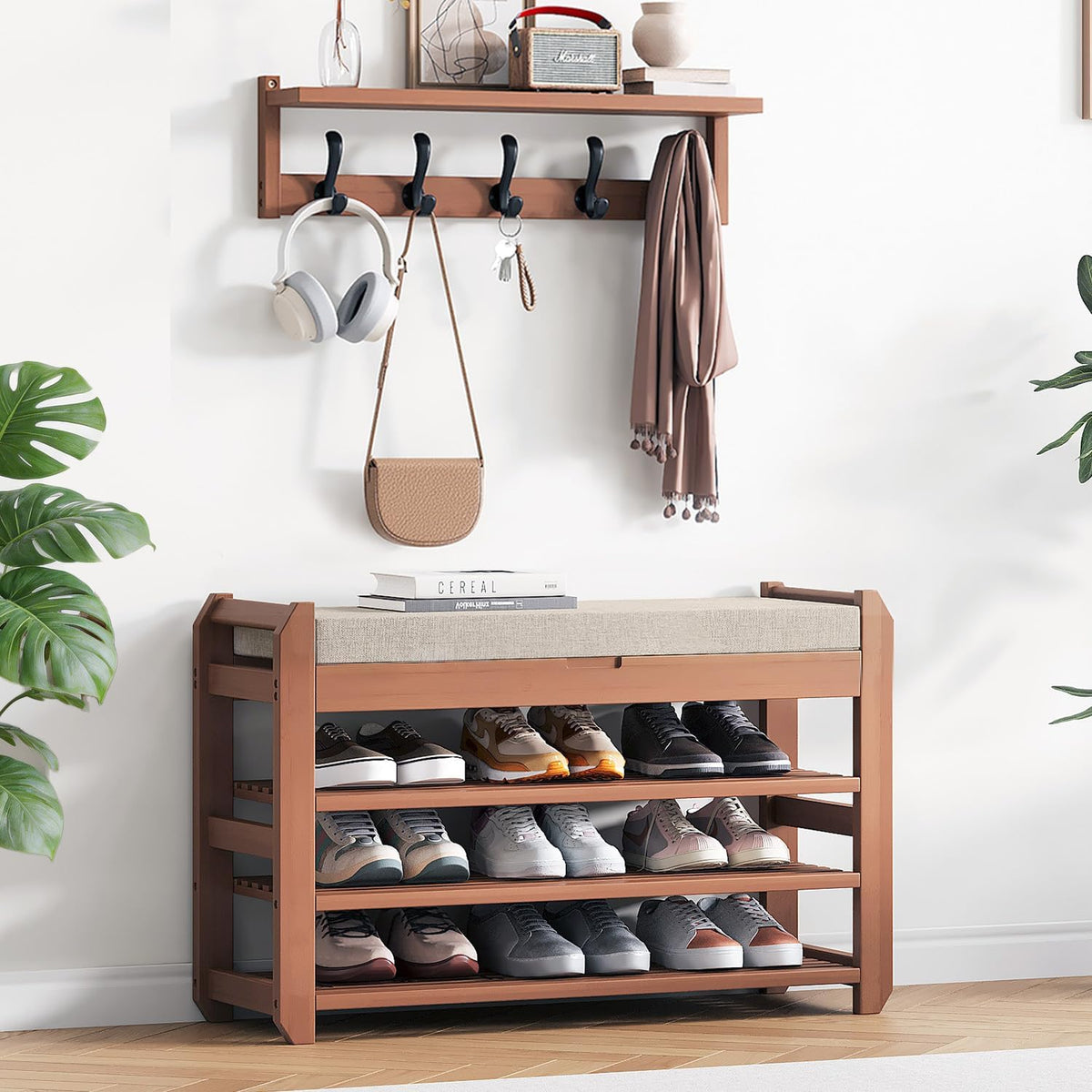 27.6" Shoe Rack Bench with Coat Rack, 3-Tier Entryway Storage Bench
