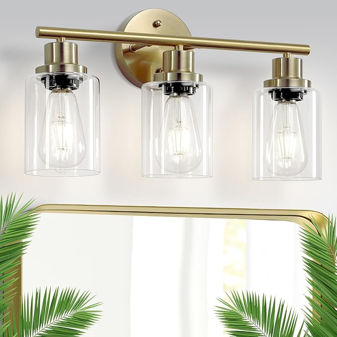 Guliaofo 3-Light Brushed Gold Vanity Lights, E26 Modern Bathroom Light Fixtures