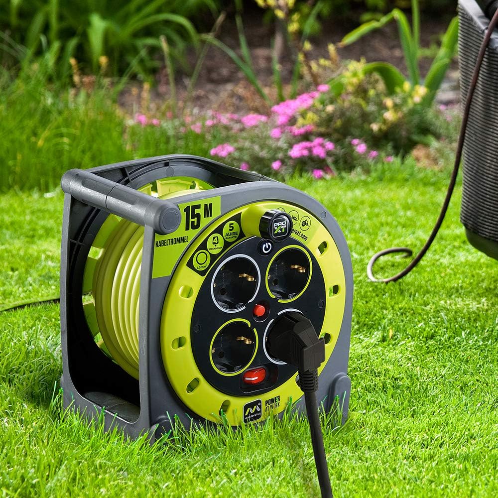 Masterplug Pro-XT Cable Reel 15 m, Extension 4 Schuko Eschufes, Electric Extension 3000 W Grey/Green
