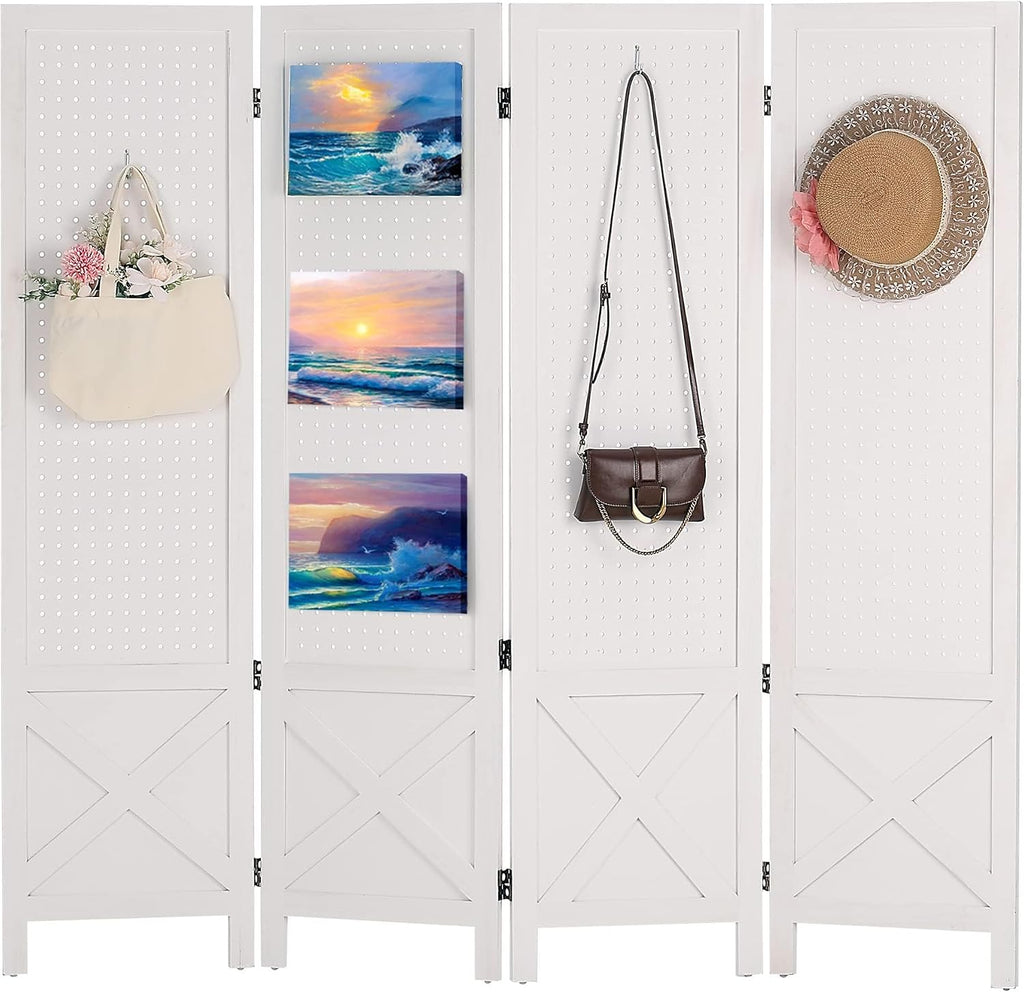 Wnutrees 4 Panel Pegboard Display, 5 Ft Wood Folding Privacy Screens Room