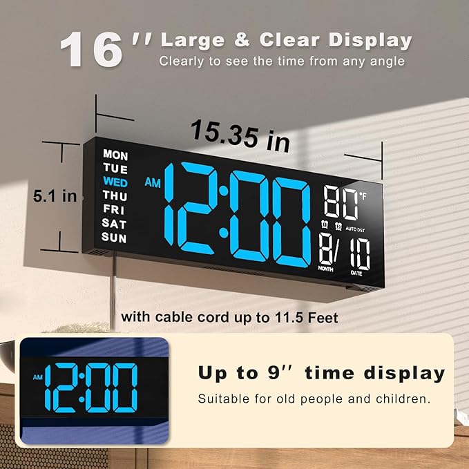 JALL 16" Large Digital Wall Mount Clock, Count Down Timer, Big LED, RGB Color
