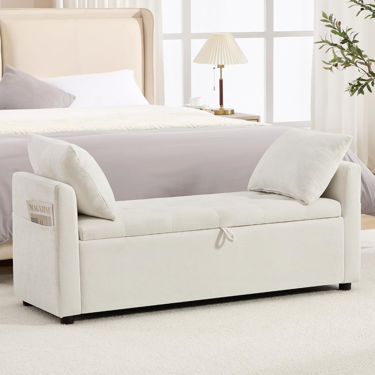 51" End of Bed Storage Bench, Upholstered Chenille Storage Ottoman for Bedroom, Living Room, Entryway, with Arms and 2 Pillows(White)