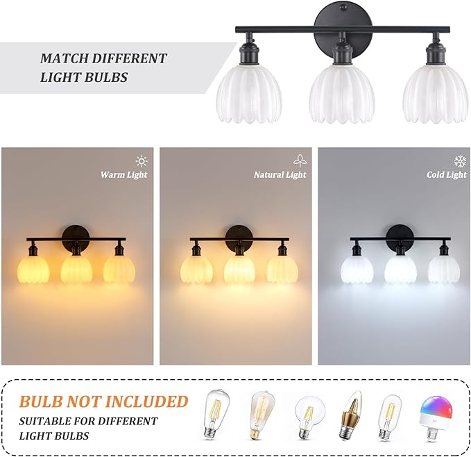 Shenmoyl Bathroom Light Fixtures, 3-Light Black Vanity Wall Light Over Mirror