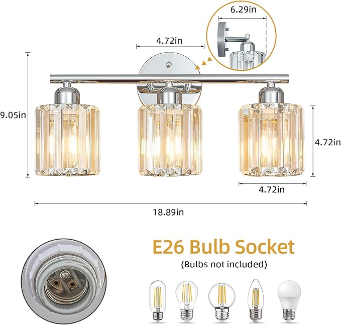 FDPBY Modern 3 Light Crystal Vanity Light, Chrome Vertical Bathroom Light