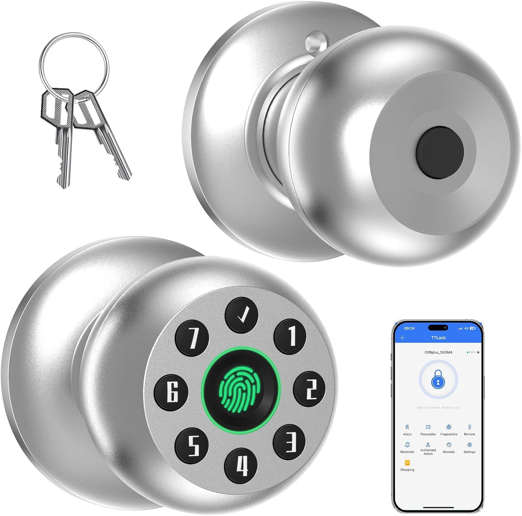 Fingerprint Door Knob, Smart Door Knob, Biometric Door Knob with Code, App Control, Auto Lock, Fingerprint Door Lock,Thumb Print Door Knobs for Bedroom, Office, Apartment，Silver