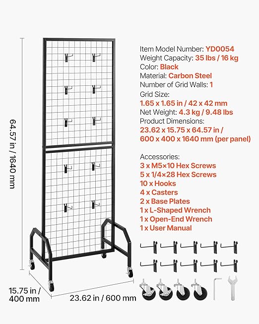 VEVOR Grid Wall Panel, 1.9 x 5.4 ft Wire Grid Panels Display Rack, Movable Art