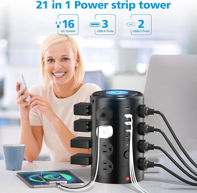 Tower Power Strip with 15W Wireless Charger, 15FT Extension Cord with Multiple