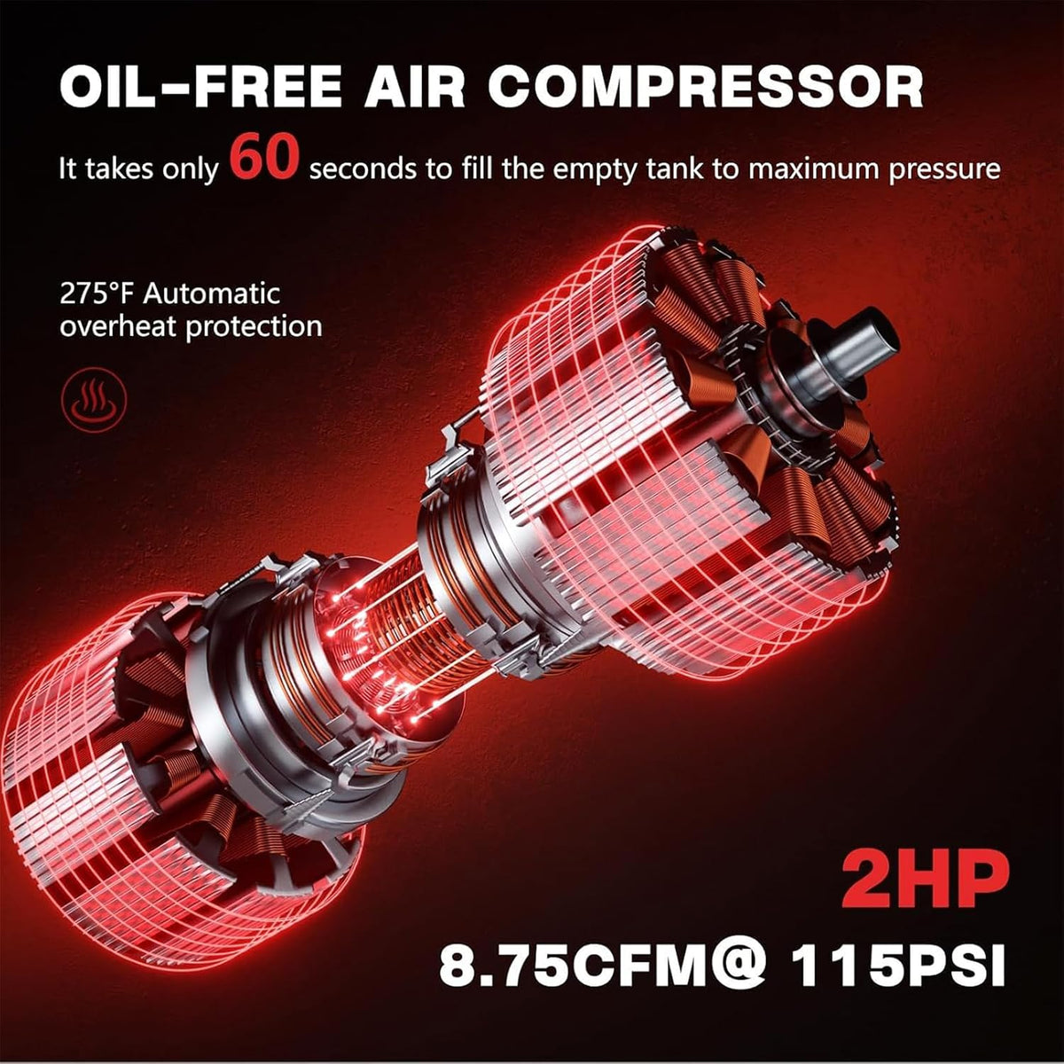 14Gallon Ultra Quiet Air Compressor Oil-Free Steel Tank 2HP 8.75CFM