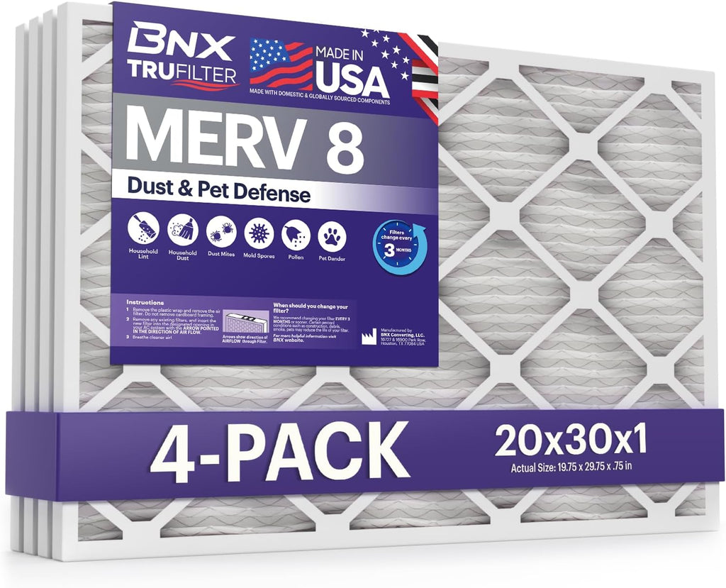 BNX TruFilter 20x30x1 Air Filter MERV 8 (4-Pack)