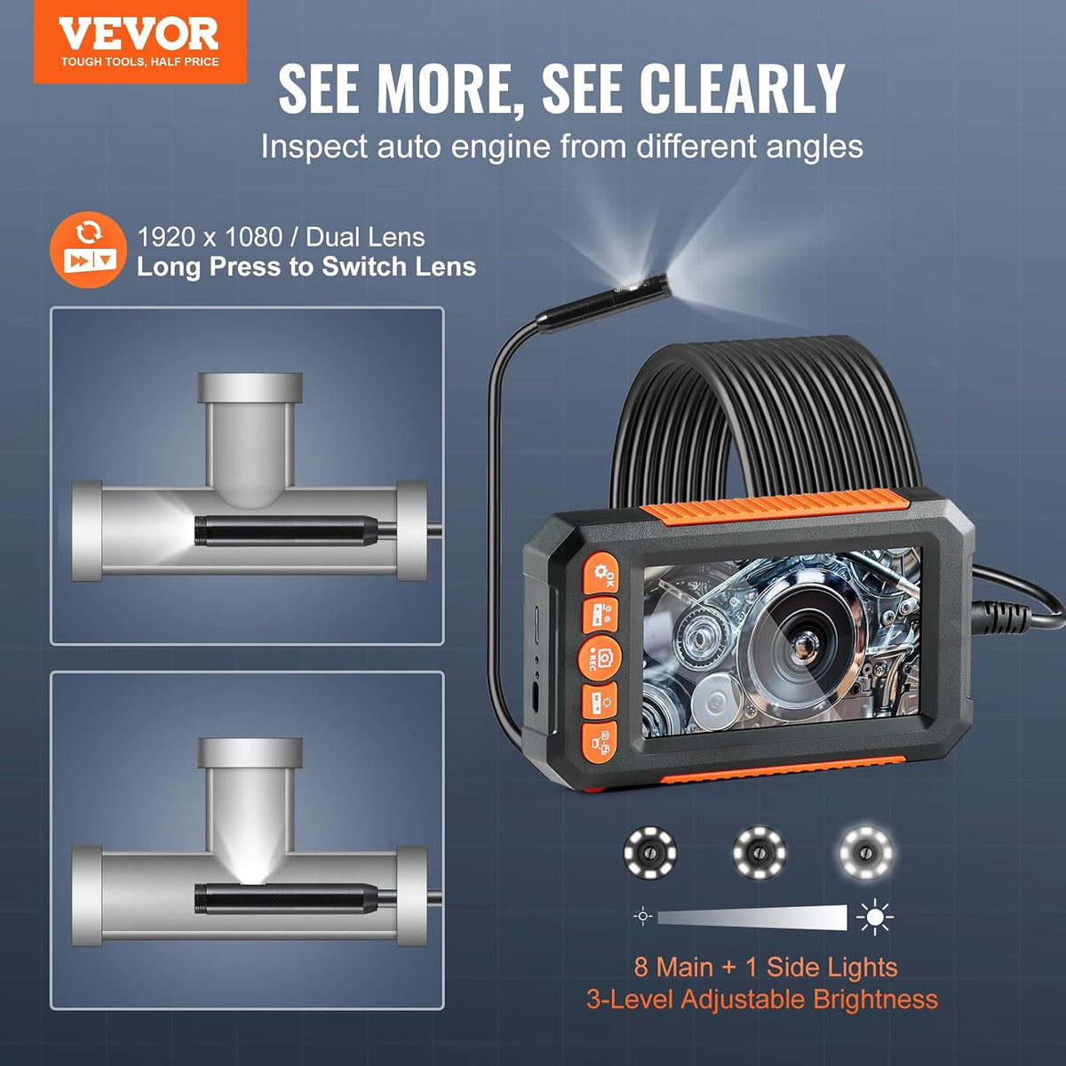vevor endoscope camera with light, dual lens industrial, close-up detail