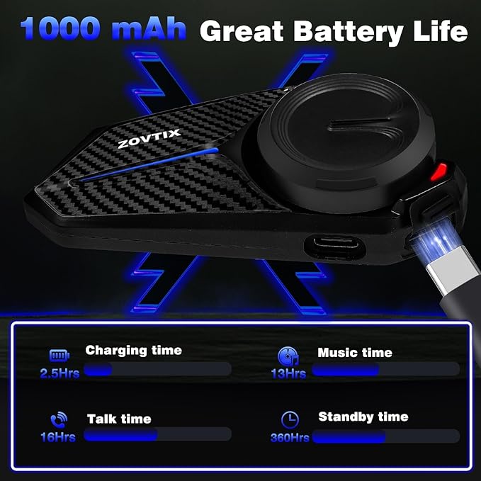 ZOVTIX Motorcycle Helmet Headset Support 8 Riders Group Intercom Communication