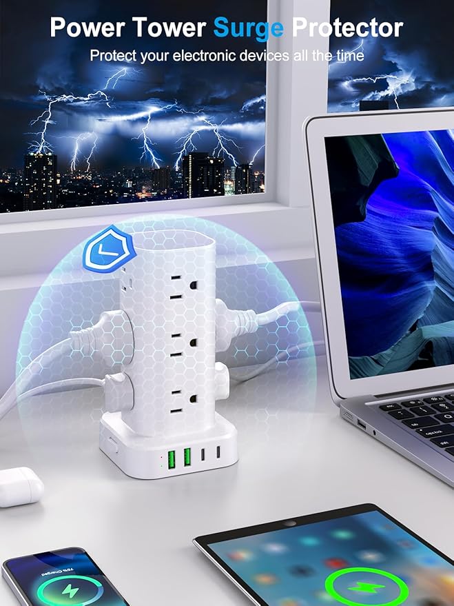 Power Strip Tower with Multiple Outlets, Flat Plug Surge Protector Tower