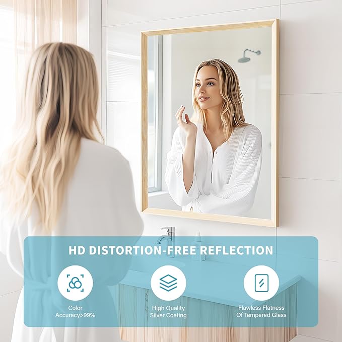 Oak Wood Effect Framed Wall Mirror, 30x40 Rectangle Mirror, Anti-desilvering