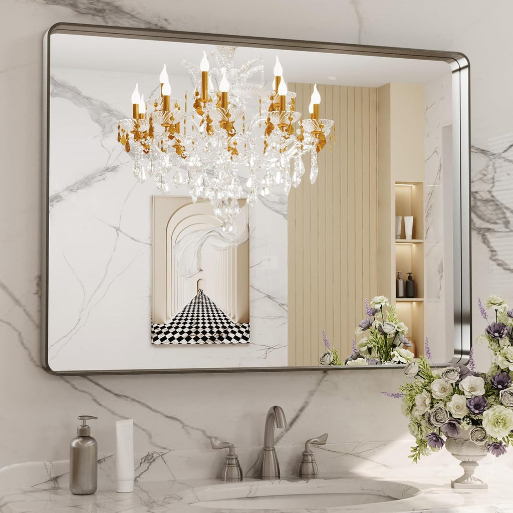 LOAAO 40X32 Inch Brushed Nickel Bathroom Mirror, Rounded Rectangle Silver Metal