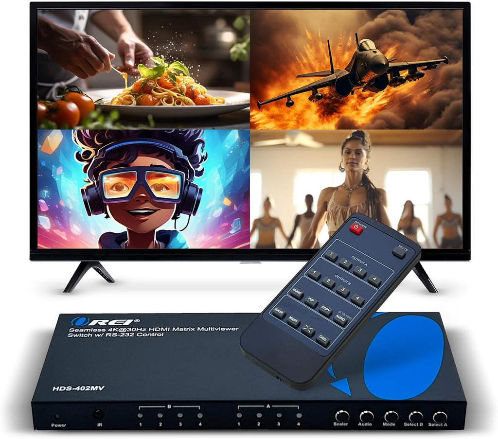 OREI Quad Multi HDMI Viewer 4 in 2 Out, HDMI Matrix Switcher 4 Ports Seamless