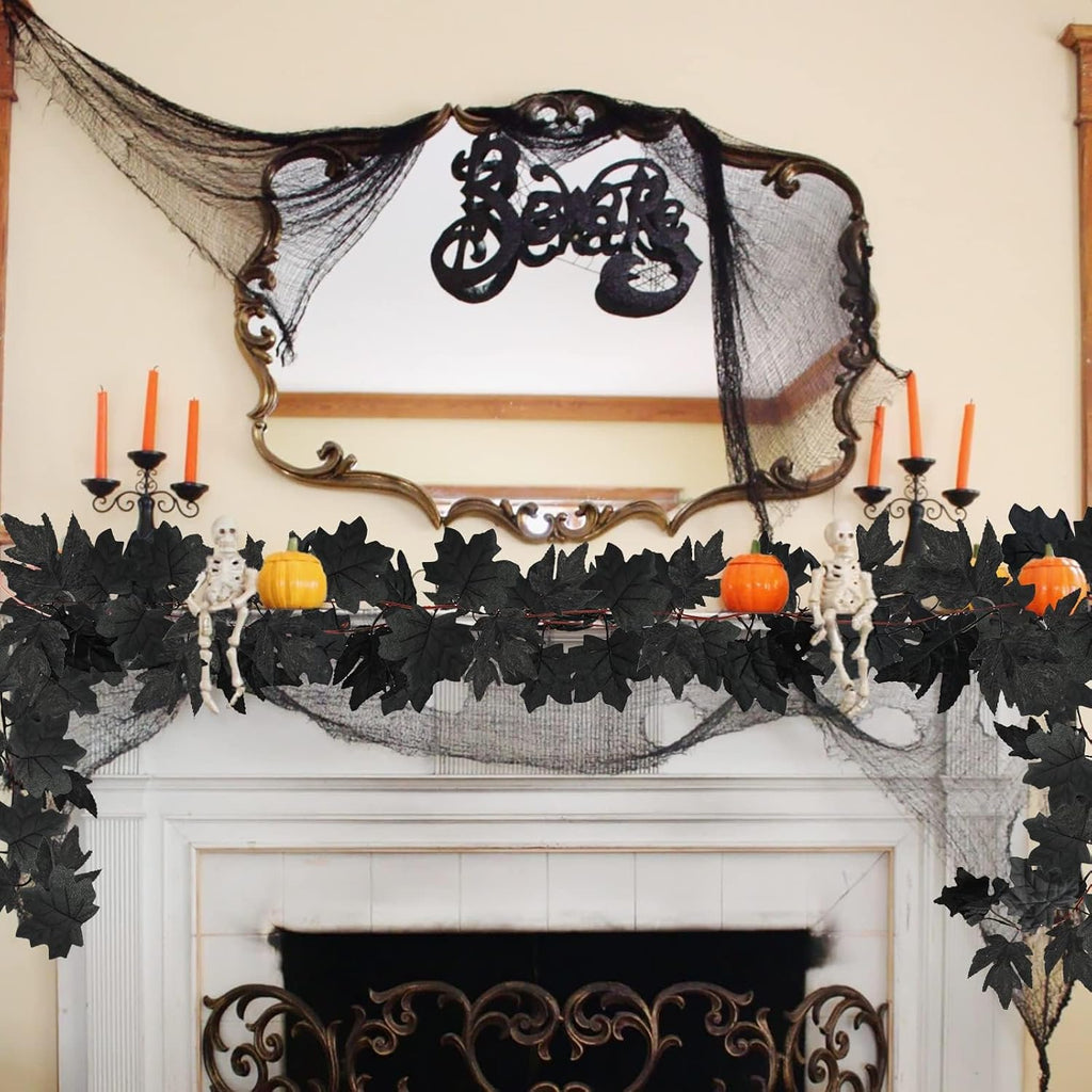 Obbsie 8 Pack 7.8Ft Black Maple Leaf Garland, Halloween Fall Decor