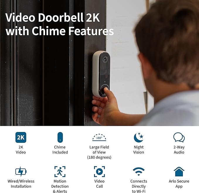 Arlo Video Doorbell 2K + Chime 2, Wireless or Wired Option, 2-Way Audio