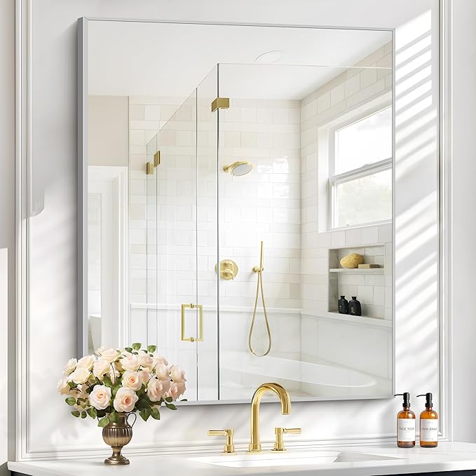 Silver Bathroom Mirror for Wall, 30x36 Inch Rectangle