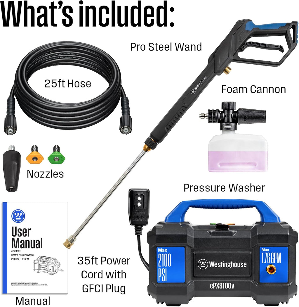Westinghouse ePX3100v Electric Pressure Washer, 2100 Max PSI 1.76 Max GPM, Built-in Carry Handle, Detachable Foam Cannon, Pro-Style Steel Wand, 3-Nozzle Set, for Cars/Fences/Driveways/Home/Patios
