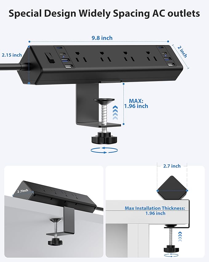 40W Fast Charging Station, Desk Clamp Power Strip 20W USB C, 8 Outlets