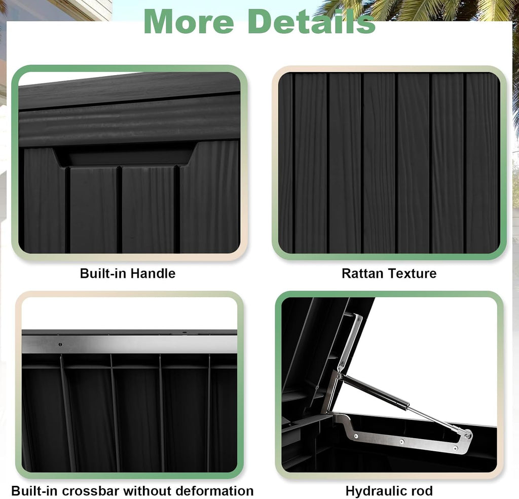 DRATO 80 Gallon Deck Box, Outdoor Storage Box for Patio Furniture, Patio Cushions, Gardening Tools, Pool Supplies 480lbs Weight Capacity, Waterproof Resin Storage Boxes (Black, 80 Gallon)