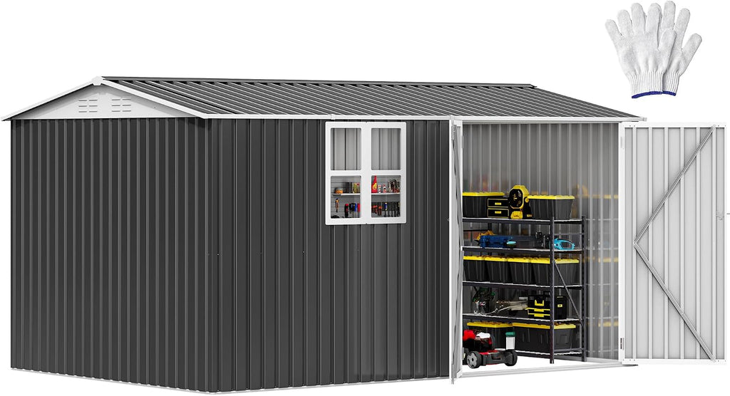 DWVO 12x8 FT Outdoor Storage Shed, Metal w/Lock & Window - Gray/White