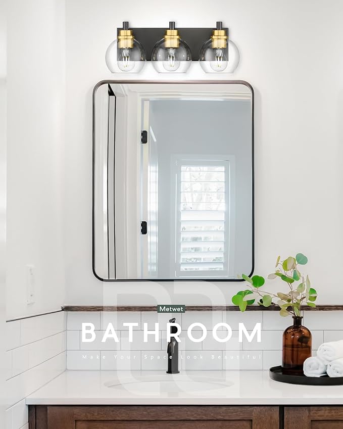 METWET Bathroom Light Fixtures, 3-Light Black and Gold Bathroom Vanity Light