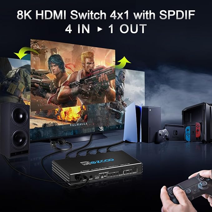 HDMI Switch 8K 4x1 120Hz 48Gbp, HDCP 2.3, HDMI Switcher 4 in 1 Out, 4 Port HDMI