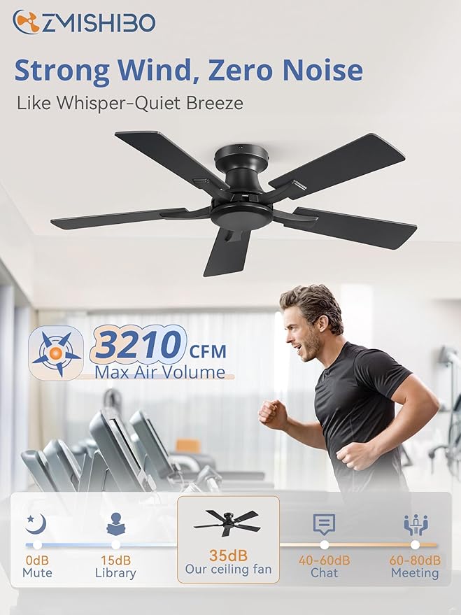 ZMISHIBO 42 Inch Ceiling Fan No Light, Flush Mount Low Profile, Modern Black