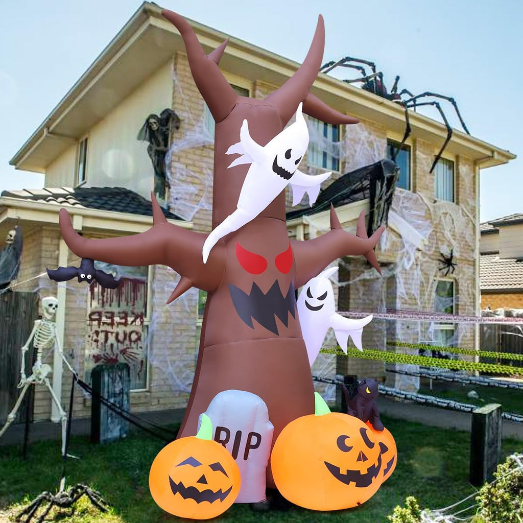 GOOSH 12 FT Halloween Inflatables Tree Outdoor Decorations Blow Up Yard Scary Dead Tree with Pumpkin Ghost Tombstone with Built-in LEDs for Garden Lawn Indoor Party Decor