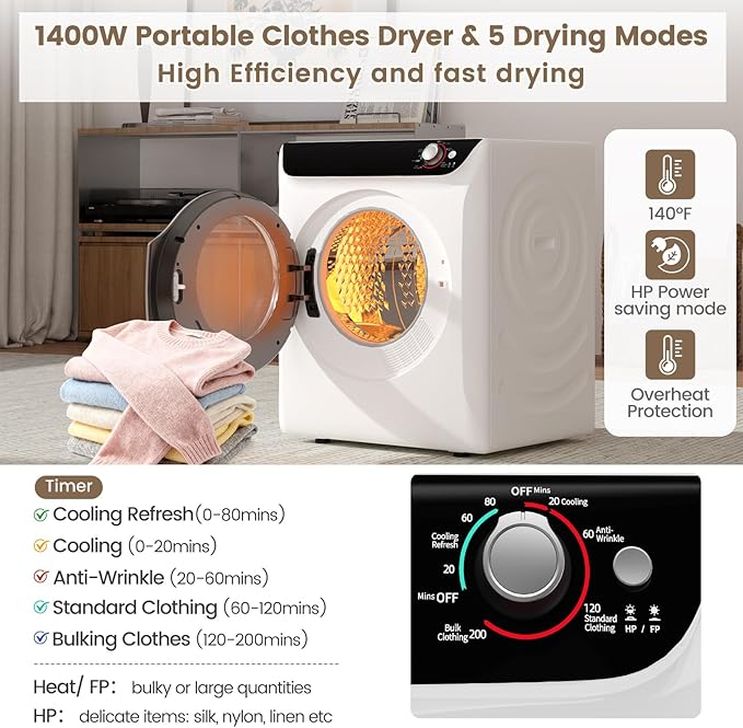VCJ 2.6 cu.ft Portable Dryer, 1400W Electric Clothes Dryer